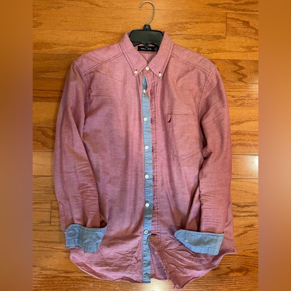 Nautica red button down shirt with gray cuff accents - Picture 2 of 3